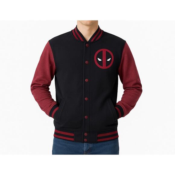 Marvel Deadpool Varsity Men’s Jacket Black Red Snap-Front Size M/L - Picture 1 of 11